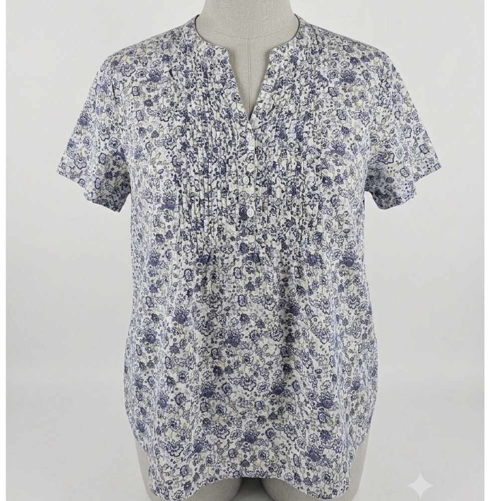 Woman Within Blue Floral Pintuck Cotton Blouse Size 1X 22/24 100% Cotton